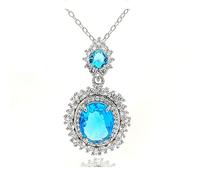 KINMOT Fancy Style Double Halo Lake Blue Zircon Oval Cut Pendant Necklace for Women Vintage Fashion Accessory