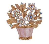 KINMOT Gorgeous Simulated Pearl Floral Pink Basket Brooch Pin - Elegant Mother Gift Jewelry with AB Crystals and Enamel Finish