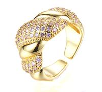 KINMOT Undulating Design Gold & Studded Pink CZ Croissant Open Ring Statement Jewelry