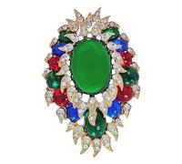 KINMOT Vintage Style Cluster Brooch Pin with Simulated Emerald Cabochon - Costume Jewelry with Sapphire Blue, Ruby Red, and Clear Crystals - Oval Floral Design