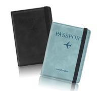 kinoco RFID Blocking Passport Holder Wallet (2 Pack) - PU Leather Travel Document Organizer with Card Slots | Men & Women Travel Accessories | Black & Blue Set