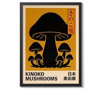 Kinoko Mushrooms Poster, Vintage Japanese Retro Food Illustration, Kitchen Wall Décor, A4 (Black Frame) - 32.7x24.1cm