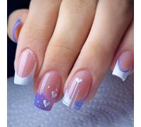 Kinretixia 24 pieces French Press on Nails, glue nails, square artificial nails for Valentine's Day, white heart, French acrylic nails, artificial nails for women