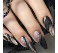 Kinretixia 24 pieces press-on nails in almond shape, shiny, fully covering, pointed, almond black acrylic artificial nails with golden lines, acrylic nails for pressing on