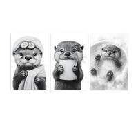 Kinretixia 3-piece Bathroom Décor Pictures, Black and White Bathroom Posters, Humorous Otter Toilet Wall Art Décor, Canvas Bathroom Pictures, No Frame - 20 x 30 cm