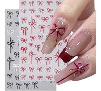 Kinretixia 4 Sheets Bow Nail Stickers, Bow 3D Nail Art Stickers Self Adhesive Black White Red Bow Cute Bow Decals for Women Girls