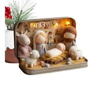 kinrguiyuez Handmade Miniature Nativity Scene Set,Christmas Decoration With LED Light,includes Plush Holy Family Sheep And Jesus Statue, Perfect For Telling Christmas Stories To Friends.