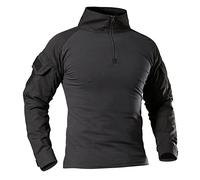 KINROCO Men's Outdoor Tactical Military Slim Fit T Shirt with 1/4 Zipper Camo Combat Long Sleeve T-Shirt for Airsoft Hunting Woodland(Size:5XL,Color:Black)