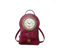 KINROCO Steampunk Gothic Leather Double Shoulder Bag with Real Working Clock Vintage Handbags Fashion Retro School Rucksack Bag(Color:Red)