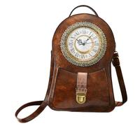 KINROCO Steampunk Gothic Leather Double Shoulder Bag with Real Working Clock Vintage Handbags Fashion Retro School Rucksack Bag(Color:Brown)