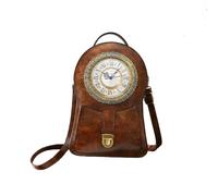 KINROCO Steampunk Gothic Leather Double Shoulder Bag with Real Working Clock Vintage Handbags Fashion Retro School Rucksack Bag(Color:Brown)