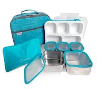 Kinsho Stainless Steel Kids Bento Lunch-Box with Lunch Bag Ice Pack for Toddler Adult Leak-Proof School Container Boxes Food Snack Containers Child Daycare Picnic, 5 Compartment 34 oz, Turquoise Blue