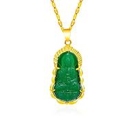 Kinsing Buddha Quan Yin Pendant Guan Yin Beaded Chain Necklace Jade Stone Beads Kwan-yin Chinese Feng Shui Amulet for Wealth Safe (Golden), Stone, Cubic Zirconia