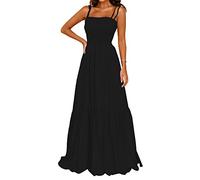 kinstell Women's 2025 Summer Casual Boho Sleeveless Spaghetti Strap Smocked Square Neck Ruffle A Line Beach Long Maxi Dress Black