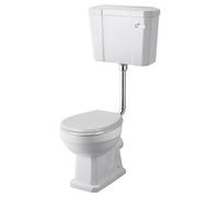 Balterley Low Level Toilet Pan, Cistern, Flush Pipe Kit & Soft Close Seat, Traditional Bathroom Toilet Unit, Round Seat Pan & Chrome Lever Handle Toilets for Bathrooms - 370 x 515 x 466mm (White)