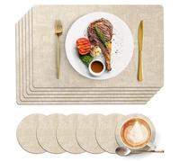 KintKita Waterproof Placemats Size 18"x 12",Stain & Heat Resistant Table Mats Set of 6 with Free Drink Coasters,Faux Leather Table Place Mats for Dining Table Indoor & Outdoor Use (Beige)