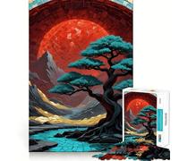 Kintsugi Red Moon Bonsai Jigsaw Puzzles 1000 Pieces for Adults Logic Fun Real Thick Playful Challenge Night Activity (38x26cm)