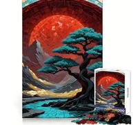 Kintsugi Red Moon Bonsai Jigsaw Puzzles 1000 Pieces for Adults Logic Fun Real Thick Playful Challenge Night Activity (38x26cm)