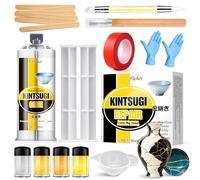 Kintsugi Repair Kit, Japanese Kintsugi Craft with 50ml Food-Grade Ceramic Glue, 4 Colours Gold/Silver/Mica Powder for Fixing Broken Ceramics, Porcelain, Jade & Glass, Perfect DIY Kit for Beginners