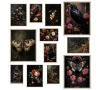 KINYEYE 12PCS Dark Academia Nature Eclectic Posters, Dark Cottagecore Roses Raven Skull Gothic Home Wall Art Prints | Cottagecore Home Decor | Unframed