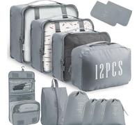 Kinyoda 12-Piece Packing Cubes Set, Grau, Oxford Material, Fixed Buckle Design, Water-Resistant, Travel Organizers, Suitcase Organizer Set, Clothes Bags, Cosmetic Travel Organizer, Packaging Cubes