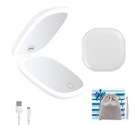 KinzraMira Compact Mirror with Light (Dual-Sided LED), Travel Magnifying Mirror (30X) with 3-Colour Dimmable LED Light, Pocket Mirror with Travel Bag and Tweezers, Gifts for Women and Girls, White