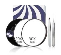 KinzraMira Magnifying Mirror, 30X Magnifying Mirror with Suction Cup, Compact with 30X & 20X Magnification, Travel Makeup with Precision Tweezers 2pcs, Tweezers for Women Facial Hair 9cm