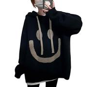 kiobrvhe Women's Smiley Print Oversized Thick Knit Hoodies Trendy Casual Pullover Sweatshirts Y2k Outfits Clothes, Black, XXL