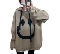 kiobrvhe Women's Smiley Print Oversized Thick Knit Hoodies Trendy Casual Pullover Sweatshirts Y2k Outfits Clothes, A Khaki, XL