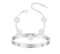 KIOGIU Women's Bracelet Gold Plated Cuff Bangle Clover Bracelet Set for Women Four Leaf Lucky Bracelets Jewelry oval Bangle Witness the Gift of Love, Medium 6.8", Metal, no