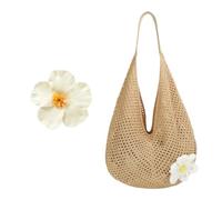 Kioiner Crochet Tote Bag for Women - Boho Beach Bag with Hawaiian Flower Hair Clips, Lightweight Mesh Summer Shoulder Bag for Vacation, Girls Holiday Party Tote (Brown)
