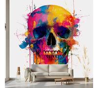 Kioldoq Colorful Skeleton Wall Mural, Graffiti Skull Wallpaper 250 x 175 cm, Ink Splash Non-Woven Wall Mural Home Decoration, Wallpaper for Living Room Bedroom