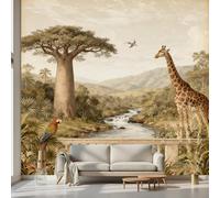 Kioldoq Parrot Bird Wallpaper 350x256 cm, Animal River Mural, Giraffe Tree Self-Adhesive Mural Removable Wall Sticker for Bedroom Living Room Kitchen Wall Decor