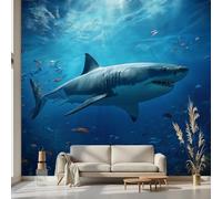 Kioldoq Shark Ocean Wallpaper 350x256 cm, Underwater World Mural, Sea Animal Self-Adhesive Mural Removable Wall Sticker for Bedroom Living Room Kitchen Wall Decor