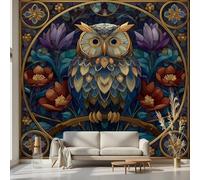 Kioldoq Stained Glass Wallpaper Peel and Stick, Owl Bird Wall Murals 300x210 cm, Animal Flower Mural Removable Self-Adhesive for Bedrooms Living Rooms Kitchen Home Decoration