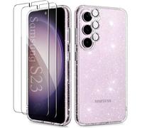 KIOMY Glitter Clear Case for Samsung Galaxy S23 with Diamond Sparkle Camera Lens Protector and 2 Packs Tempered Glass Screen Protectors Sparkly Bling Design for Girls Women Shockproof Protective Cover