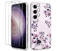 KIOMY Glitter Clear Case for Samsung Galaxy S23 with Purple Flowers Design + Diamond Sparkle Camera Lens Protector + 2 Packs Tempered Glass Screen Protector, Sparkly Shockproof Cover (for Samsung S23)