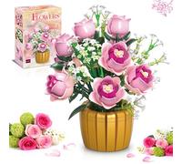 kiothdre Flowers Pink Rose Bouquet Building Set for Adults - 1056PCS Botanical Artificial Flower Blocks Kit with Roses & Baby’s Breath, Home Decor DIY Gift for Women & Girls 14+, Mother’s Day