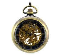 Kioxiuin Retro Bronze Skeleton Mechanical Hand-Winding Pocket Watch with FOB Chain, Roman Numerals, Smooth Steel Design for Men and Women