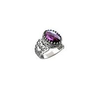 KIOYDISE Purple Gemstone, Silver Tone, Vintage Filigree Design,Antique Silver Hollow Carved Heart Pattern Ring with 16x12mm Purple Oval Crystal, Baroque Vintage Crown Statement Ring Wedding Band