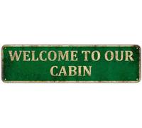 KIOZIY Farmhouse Cabin Decor, Welcome to Our Cabin Signs, Gift Decor for Home, Kitchen, Mountain Log House, Camper, Metal Tin Sign 4x16inch