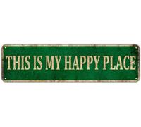 KIOZIY Funny Sarcastic Metal Tin Sign Wall Decor Man Cave Bar - This is My Happy Place Sign, 4" x 16"