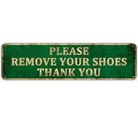 KIOZIY Vintage Distressed Green Metal - Please Remove Your Shoes Thank You Wall Decorative Sign, Take Your Shoes Off Sign for Door (4" x 16")