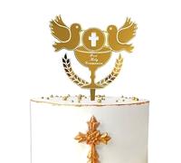 KIPETTO Pigeon Cross Cake Topper Acrylic Peace Dove Cross Gold Topper for First Communion Minimalist Baptism Birthday Party Cake Decoration