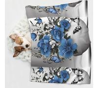 KIPOSTYZTT 1 Pcs Waterproof Pet Blanket, Gray Teal Flower Butterfly Print Blanket For Bed Couch Protector, Reversible Washable Plush Dog Faux Fur Throw For Puppy