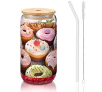 KIPOSTYZTT 16 Oz Glass Cups with Bamboo Lids and Straws Cupcakes Donuts Muffins Sugar Print Drinking Glasses & Glass Tumbler