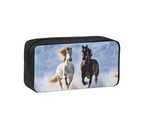 KIPOSTYZTT Cute Large Capacity Pencil Case, Black and White Horses Running Print Pencil Pouch with Smooth Zipper, Portable Stationery Pen Case Desk Organizer for School, Office, College & Travel