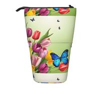 KIPOSTYZTT Upright Pencil Case, Telescopic Pencil Holder, Stationery Pencil Bag, Blue Butterfly and Flowers Printed Stand-Up Pen Pouch Holder, Colorful Pen Organizer for Students Boys and Girls