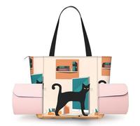 KIPOSTYZTT Women's One-Shoulder Yoga Bag - Lightweight Mid-Century Modern Art Cat Printed Gym Tote with Zippered Main Compartment for Yoga Mat, Towel, Water Bottle