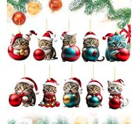 KIPTVO 10PCS Christmas Tree Decorations, 2D Acrylic Cat Pendants with Fun Cartoon Design, Hanging Ornaments for Xmas Tree, Festive Holiday Home Decor Gift for Cat Lovers